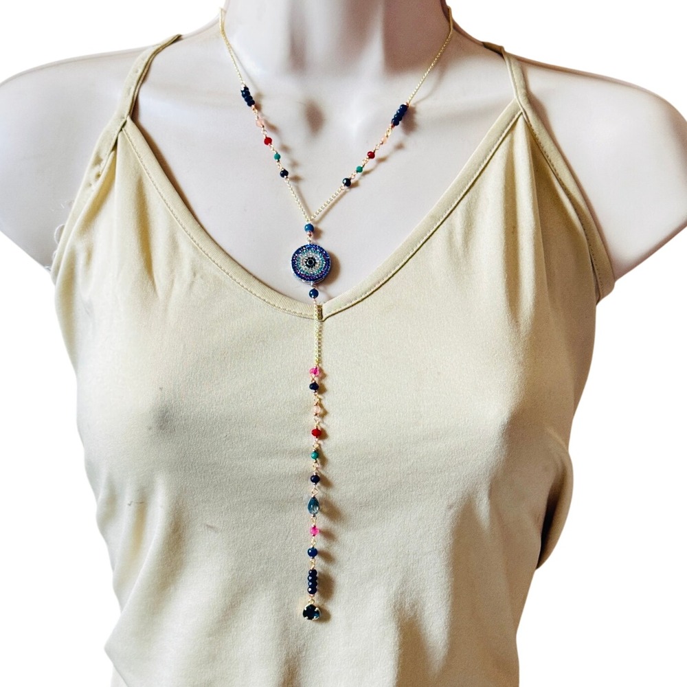 Lucky Brand Evil eye Lariat Tourmaline crystal Necklace Statement rare Gold tone